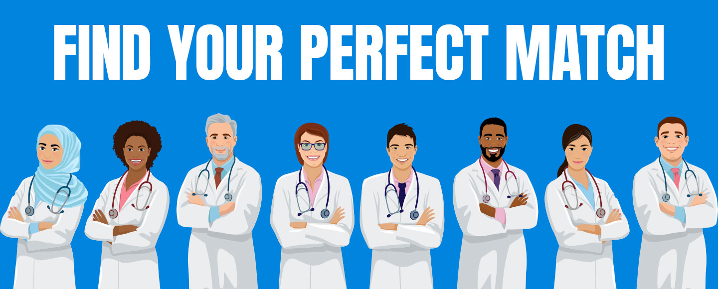 Banner that reads Find Your Perfect Match with a variety of realistic cartoon providers