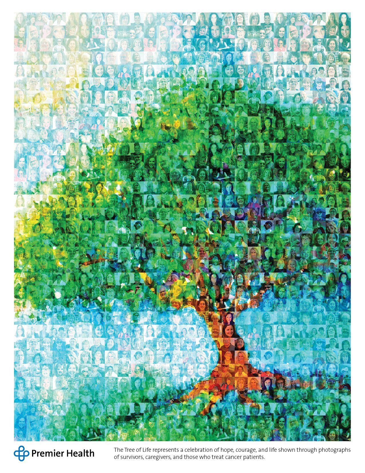 Image collage of people's faces making up a tree on a hill.