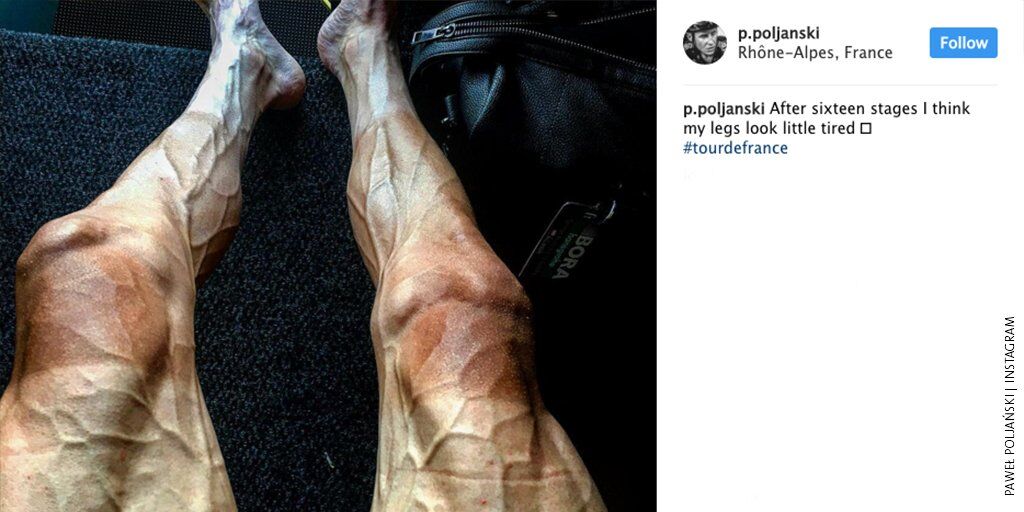 Pawel Poljanski Instagram post that reads: After sixteen stages I think my legs look a little tired #tourdefrance