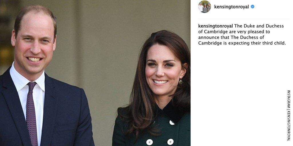 kensingtonroyal Instagram post that reads, The Duke and Duchess of Cambridge are very pleased to announce that The Duchess of Cambridge is expecting their third child.